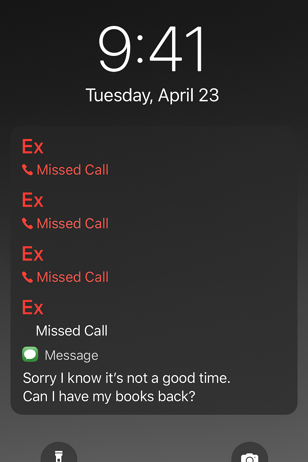 iPhone lockscreen showing multiple missed calls from ex